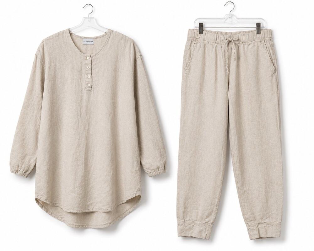 Parachute Home Womens M 100% Linen Henley Top Jogger Pant Lounge Set Beige